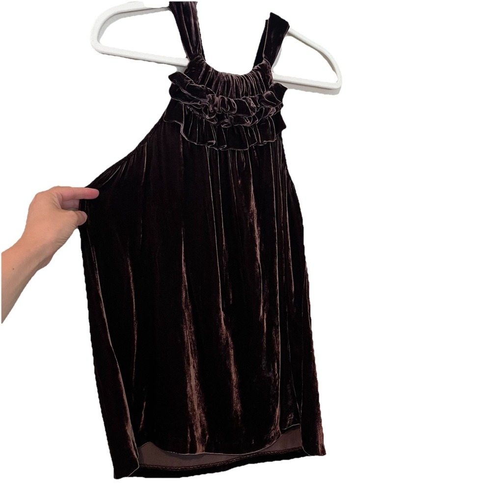 Women's Blouse Chocolate Espresso Brown Velvet Ruffle High Neck Boho L Elegant